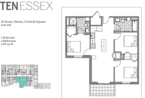 Floor plan for 3 beds, 2 baths, 1121 sqft